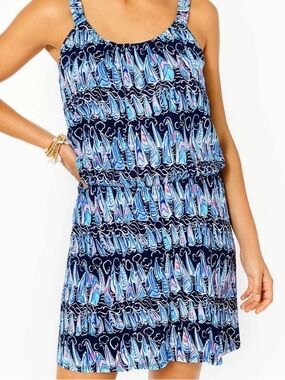 Lilly Pulitzer Loro Romper “Low Tide Navy Sails And Stripes” pattern. Size M